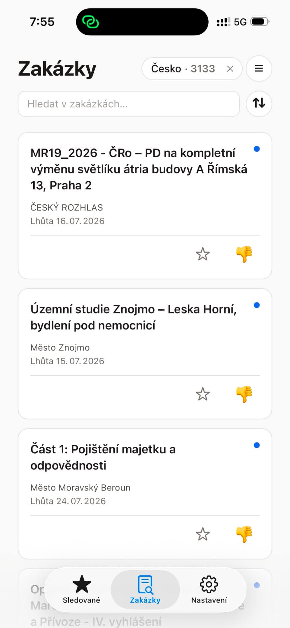 Mobilní aplikace Veritra — záložka Zakázky s push upozorněními