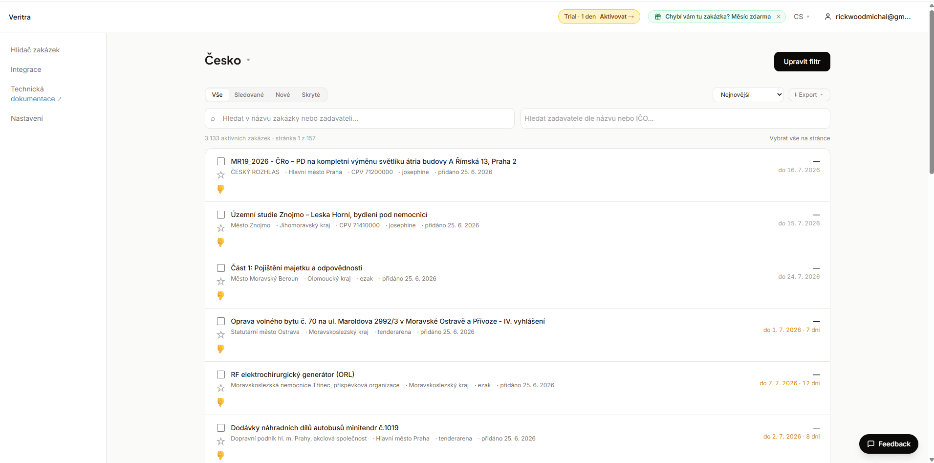 Webový dashboard Veritra — přehled a filtrování veřejných zakázek